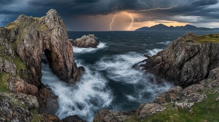 Fototapeta premium Dramatic Coastal Landscape with Storm and Lightning Over Ocean