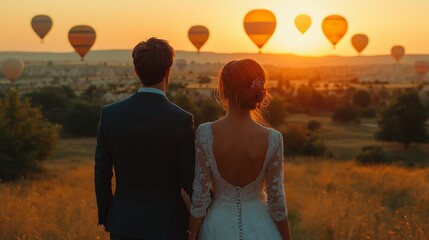 Fototapeta premium Romantic couple watching hot air balloons at sunset