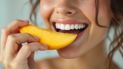 Woman enjoying a ripe mango, symbolizing health, tropical freshness, and the joy of eating natural fruits.