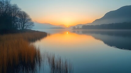 Fototapeta premium A beautiful sunset over a lake with a reflection of the sun on the water