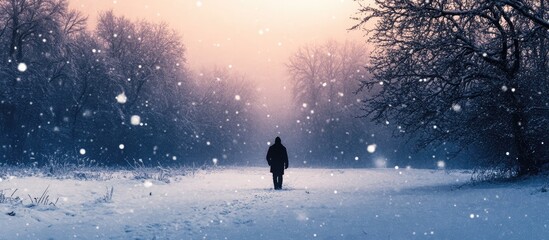 Solitary figure walking in a snowy landscape during twilight with falling snowflakes creating a serene winter atmosphere