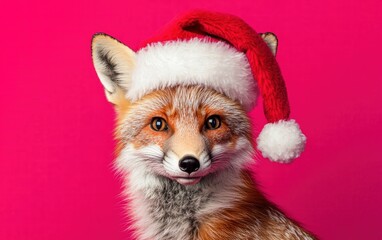 Obraz premium A curious fox wearing a fluffy Santa hat on a bright magenta background for christmas