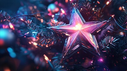 Radiant Star Amidst Twinkling Lights on Tree
