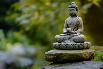 Obraz premium Stone figure meditates atop rocks, serene garden backdrop.