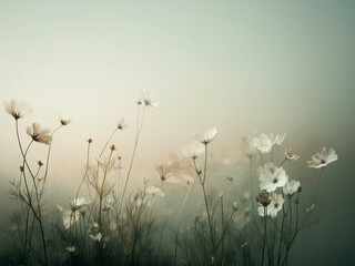 Delicate cosmos flowers in white and pink bloom gracefully in a misty morning, creating a serene and dreamlike atmosphere.