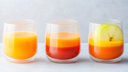 Orange juice and apple juice in a clean, clear glass.