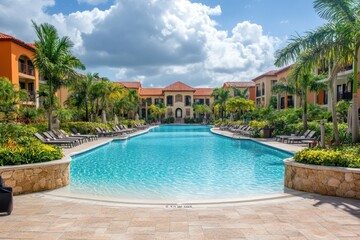 Fototapeta premium Luxury resort pool surrounded by lush tropical plants and elegant lounge chairs under a bright blue sky