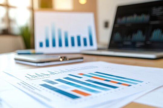 Stack of colorful business reports and charts on a clean modern desk with blurred background