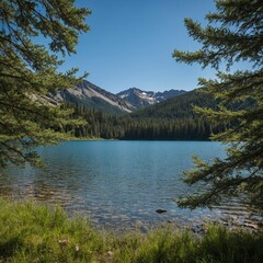 A calm mountain lake framed by trees with a clear blue sky above.
