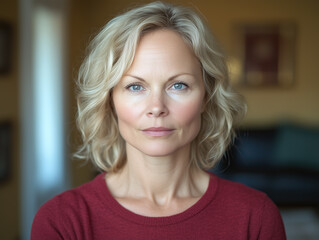 Fototapeta premium a woman with light blonde wavy hair and a serious expression, wearing a maroon shirt midle age life style