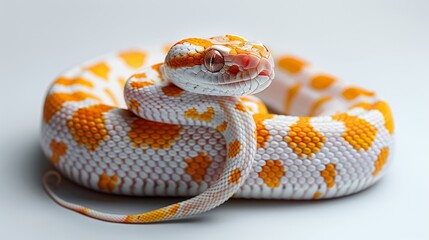 Obraz premium Close-up of an orange and white snake coiled on a white background.