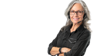 Call center middle age american woman with arms crossed and smile , customer service on white background