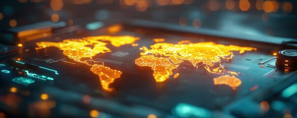 Startup Strategies for Business Expansion concept. A glowing map of the world displayed on a futuristic interface, showcasing vibrant orange and blue colors with a tech-inspired aesthetic.