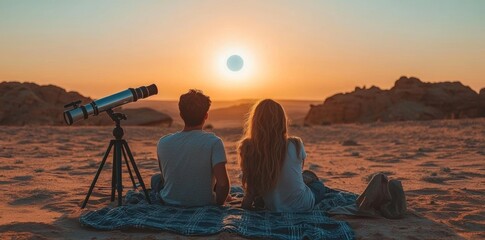 Fototapeta premium A couple watches a solar eclipse from a blanket in the desert, with a telescope nearby.