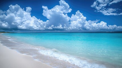 Fototapeta premium Tranquil tropical beach scene with fluffy clouds and gentle waves lapping the shoreline under a serene blue sky and warm offshore breeze