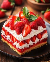 A delicious strawberry dessert featuring layers of whipped cream, jelly, and fresh strawberries.