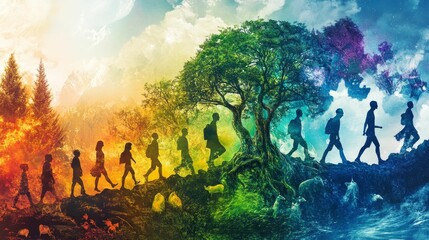 Fototapeta premium Silhouetted figures journey through colorful, fantastical landscapes.