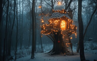Fototapeta premium A magical Christmas treehouse with tiny glowing lights and festive ornaments in a snowy forest