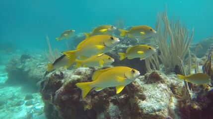 Obraz premium A vibrant shoal of yellow snapper swimming gracefully over a colorful coral reef in crystal clear waters.