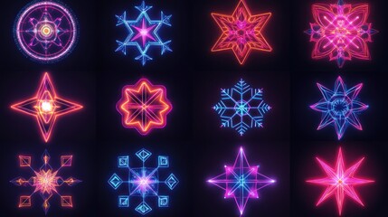 Bright neon geometric patterns on a black background.