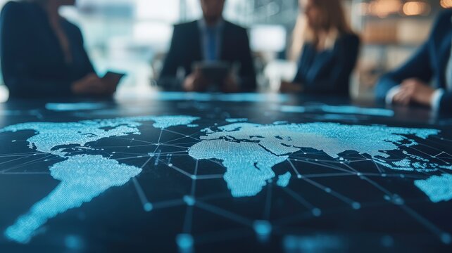 Global Strategy: Business professionals gather around a digital map of the world, representing their global reach and interconnectedness.  A powerful and evocative image for marketing, finance.