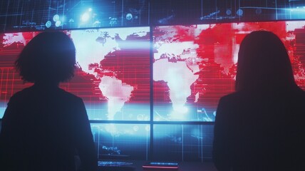 Startup Strategies for Business Expansion concept. Two figures observe a digital world map illuminated by vibrant screens, suggesting themes of technology, data analysis, and global awareness.