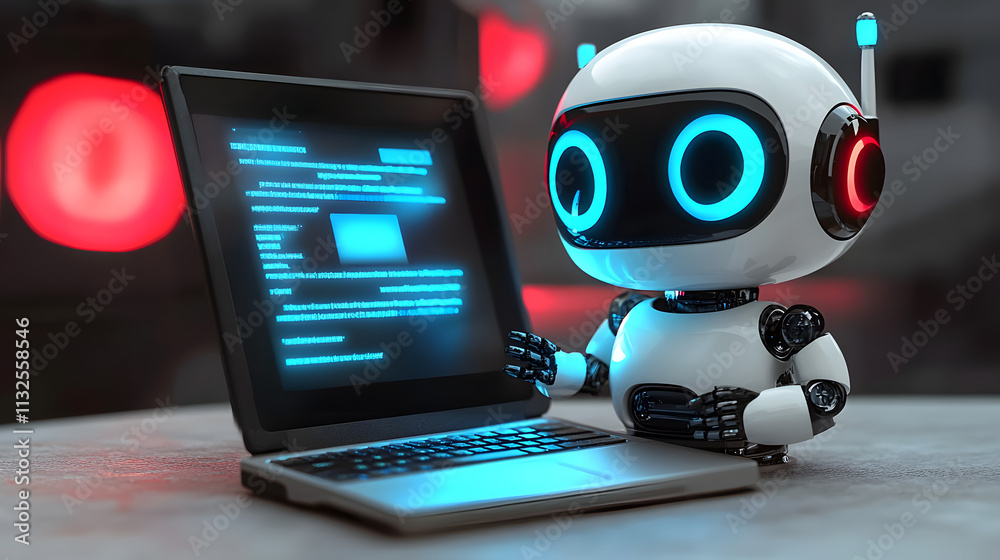 Poster cute chatbot robot with laptop, chatbot and ai assistant concept futuristic technology, artificial i