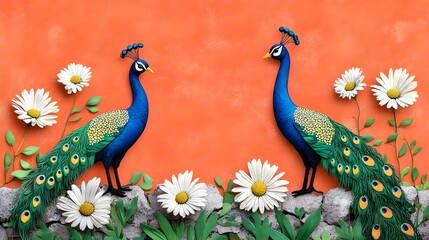 Obraz premium Colorful Peacocks Surrounded by Daisies Against an Orange Background, Symbolizing Beauty and Elegance in Nature Artistry