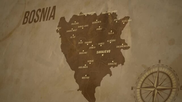 Vintage Map of BOSNIA with states Borders and Major Cities Positions