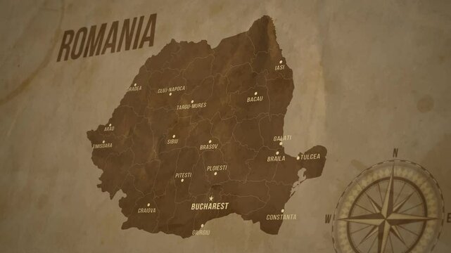 Vintage Map of ROMANIA with states Borders and Major Cities Positions