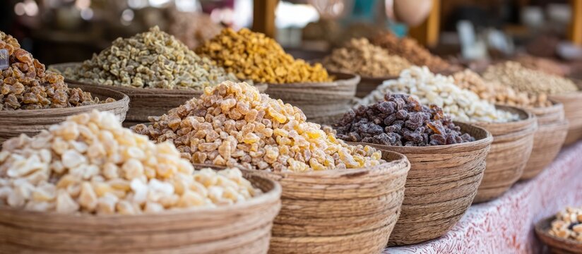 Dried frankincense boswellia serrata displayed in baskets at Al Husn Souq showcasing rich textures and vibrant colors of aromatic resins