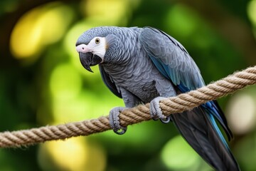 Obraz premium Parrot demonstrates intelligence by pulling a rope in a lush outdoor environment