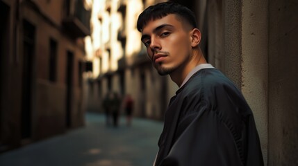 Obraz premium Man is standing on a sidewalk in front of a building