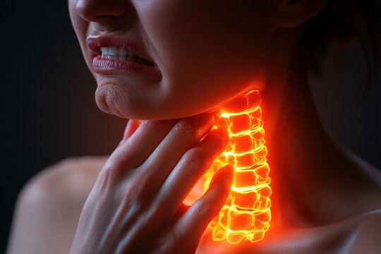 Expression of discomfort as person holds throat with glowing spine representation