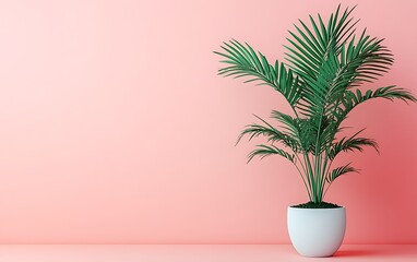 Fototapeta premium Minimalist interior design with a potted palm plant against a pink wall.