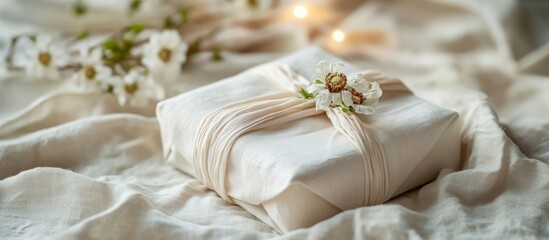 Fototapeta premium Eco-friendly gift wrapping with natural fabric box on soft craft backdrop featuring Furoshiki style and decorative floral accents.