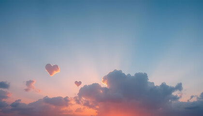 Fototapeta premium Sunset Sky with Two Heart Shaped Clouds Romantic Evening Scene