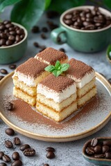 A delicious dessert made of layered cake and cream, garnished with mint, surrounded by coffee beans.