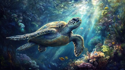 Majestic Sea Turtle Swimming Gracefully Underwater in Coral Reef