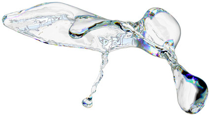 Realistic 3D splash of clear liquid, showcasing a smooth, flowing wave with scattered droplets....