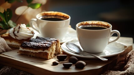 Coffee and Cake Delight with Two Cups of Brewed Coffee and Delicious Pastry on a Wooden Board