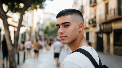 Fototapeta premium Man with a shaved head and a beard is standing on a sidewalk
