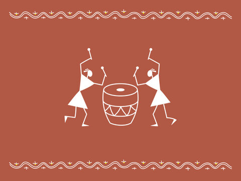 Two drummers beat the ritual drum. Ornamental stylization in old Indian style. Sora art of Idittals or Warli painting.