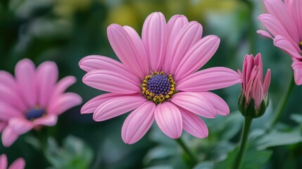 Obraz premium Delicate pink flower blooming in a lush green garden showcasing vibrant petals and intricate details of nature's beauty.