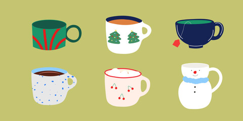 Various winter mugs vector illustration set