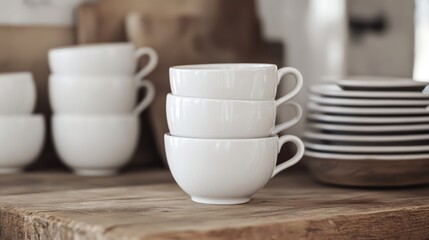 Fototapeta premium White ceramic cups stacked on a rustic wooden table with plates in the background creating a cozy dining atmosphere