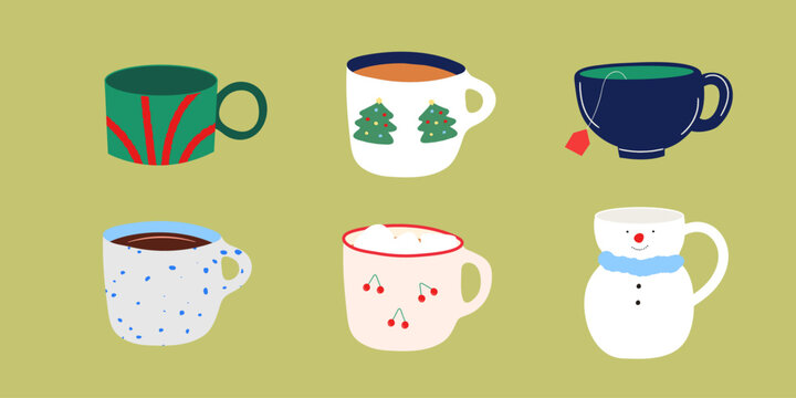 Various winter mugs vector illustration set