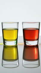 Two shot glasses filled with yellow and red liquids, reflecting on a smooth surface.