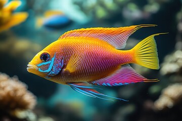 Obraz premium Colorful fish swimming gracefully in a vibrant aquarium filled with lush algae and corals