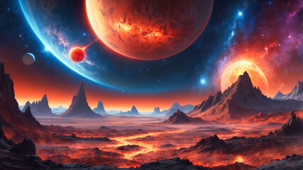 A dramatic and vivid space scene with detailed cracked surface planets and othe celestial bodies